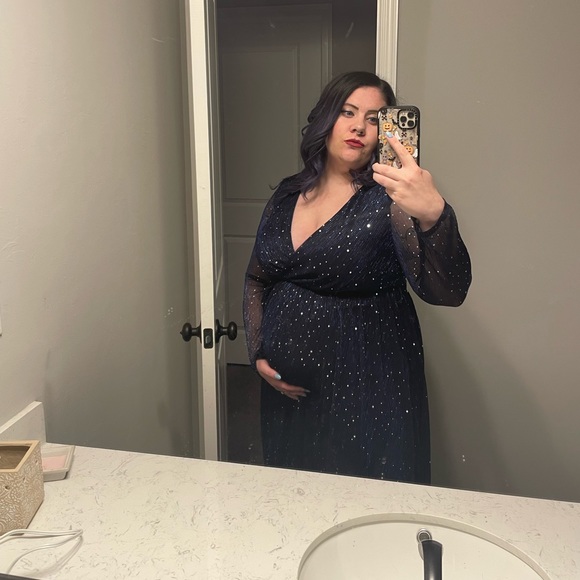 Navy Blue Belle Glitter Surplice Plunging Belted Maxi Formal Dress - Picture 2 of 4